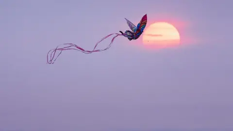 Diana / BBC Weather Watchers  Sunset in Dunstable, Central Bedfordshire, with purplish skies and a butterfly kite flying past the sun's silhouette