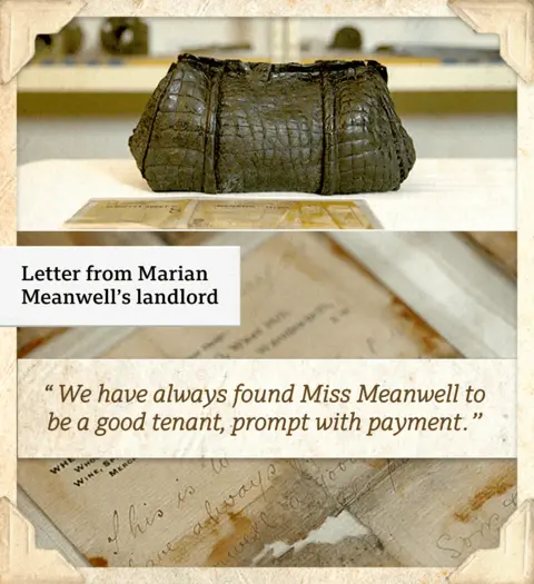 A composite photo featuring a crocodile-skin bag which contains a letter from Marian Meanwell's landlord. Below is a picture of the letter, with the quote: 