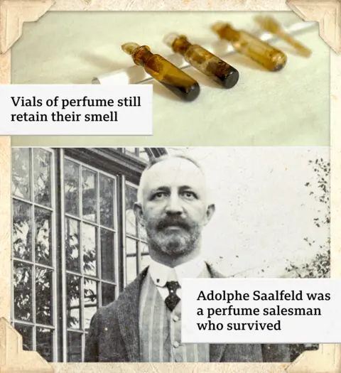 Vials of perfume retrieved from the wreck and a black and white image of Adolphe Saalfield, who has a moustache, beard and wears a shirt, waistcoat, tie and jacket (photo Astra Burka Archives)