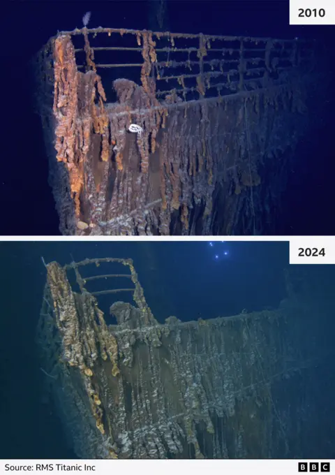 RMS Titanic Inc Comparison of Titanic wreck in 2010 and 2024 