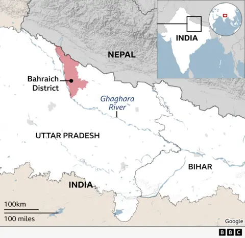 Map of India Nepal border showing Baraich district