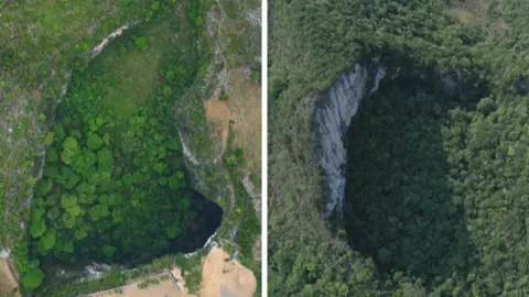 Xiqing Wang/ BBC Aerial photos of two sinkholes in China's Guangxi province showing a sinkhole dropping away in the middle of the forest. Trees are growing everywhere - on the top of the cliffs as well as at the bottom of the oval-shaped hole. 