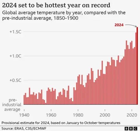 Bar chart of global average annual temperatures between 1940 and 2024. There is a rising trend, and 2024 shows the highest global average temperature of 1.55C, based on provisional estimates.