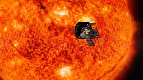 NASA Artist's impression of Parker Solar Probe spacecraft flying past the Sun, which appears bright orange, yellow, brown and black and is substantially larger than the spacecraft in the foreground. 