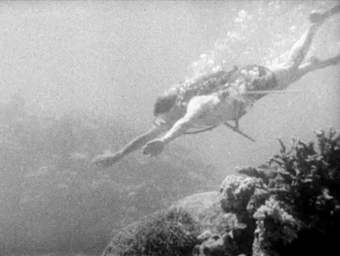 BBC Studios David in 1957 in the early days of his career in TV - David swims in the sea near coral reefs with a scuba diving gear on. This was a scene in one of his documentaries - Zoo Quest for the Paradise Birds - made in 1957. The image is in black and white.