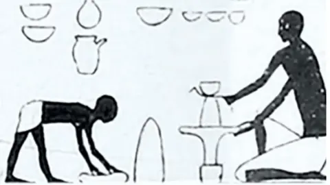 The Metropolitan Museum of Art At the top are eight crudely drawn bowls below which is a seated potter on the right using his left hand to turn a potters wheel on whihc sits a vessel they are creating. On the left is another figure bending over about to lift a bowl