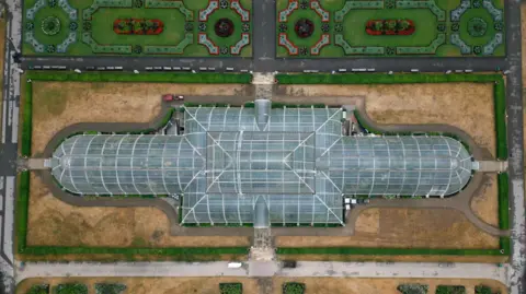 Kevin Church/BBC News An aerial view exterior of the Palm House, a huge iron and glass building, taken directly overhead. The grass surrounding it is scorched and yellow and brightly planted flower beds can be seen.