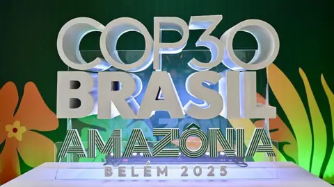 Getty Images The illuminated logo for the COP30 climate meeting in Belem, Brazil at the pre-conference preparatory meeting. The logo reads
