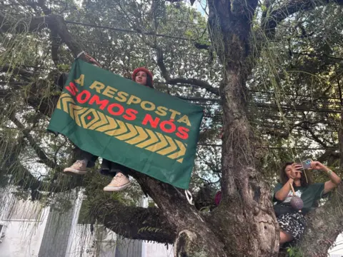 A protester in a tree with a sign reading