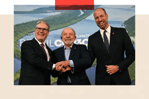 WPA Pool/Getty Images Prince William and Britain's Prime Minister Keir Starmer shake hands with Brazil's President Luiz Inacio Lula da Silva, during the COP30 UN climate conferenc

